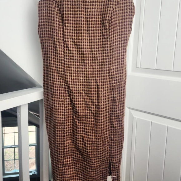 Vintage 90s Y2K Jumper Overall Dress Tweed Plaid Wiggle Mini Midi Brown Size 8* - Picture 2 of 10
